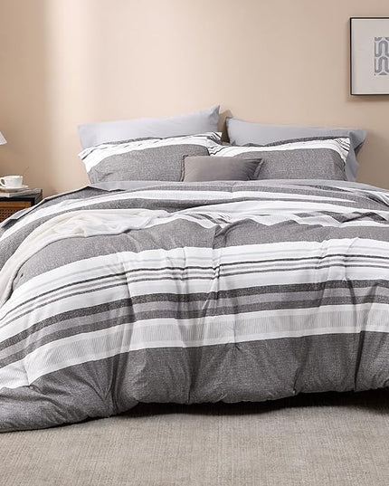 Bedsure King Size Comforter Set - 7 Pieces Grey White Striped Bedding Sets King Bed in A Bag with Comforters King Size, Sheets, Pillowcases & Shams, Bed Sets - LeafyLoom