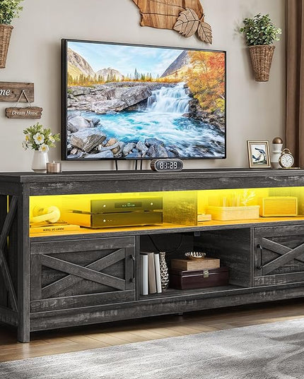 YITAHOME TV Stand with LED Light & Power Outlet, Farmhouse Media Console w/Storage Cabinets for 75 Inch TV, Rustic Entertainment Center Table TV Cabinet for Living Room, 65'' Large TV Stand, Dark Grey - LeafyLoom