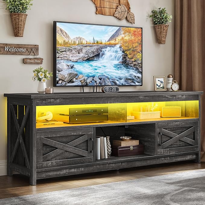 YITAHOME TV Stand with LED Light & Power Outlet, Farmhouse Media Console w/Storage Cabinets for 75 Inch TV, Rustic Entertainment Center Table TV Cabinet for Living Room, 65'' Large TV Stand, Dark Grey - LeafyLoom
