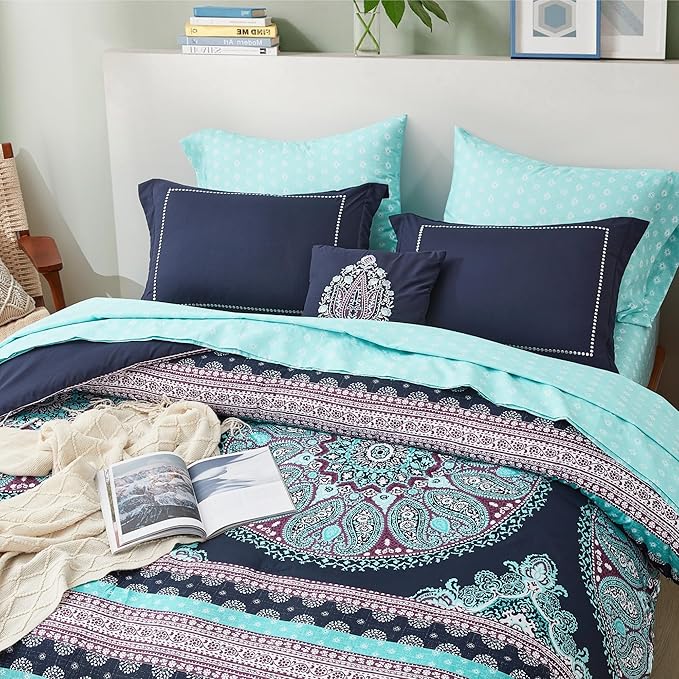Degrees of Comfort Blue Twin XL Complete Comforter Sets, Boho Mandala Bed in A Bag,Microfiber Bedding Set with Side Pockets, Matching Decorative Pillow, 6 Piece Navy - LeafyLoom