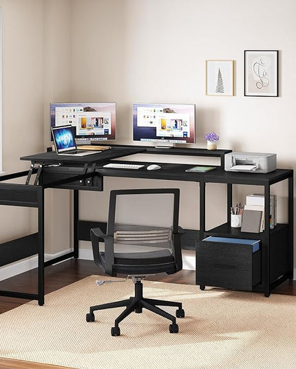 YITAHOME L Shaped Desk with File Drawer, 65" Large Computer Desk Corner Desk with Lift Top, Standing Desk Height Adjustable with Monitor Stand & Storage Shelves for Home Office, Black - LeafyLoom