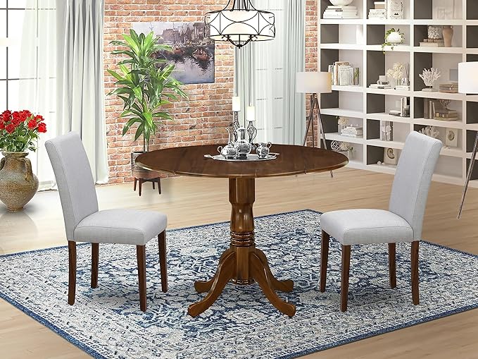 East West Furniture DLAB3-AWA-05 Dublin 3 Piece Set for Small Spaces Includes a Round Dining Room Table with Dropleaf and 2 Upholstered Chairs, 42x42 Inch - LeafyLoom