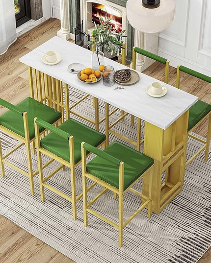 7-Piece Multi-Functional Modern Counter Height Dining Bar Table Set with Open Shelves and 6 Upholstered Stools with Gold Metal Frame for Home Pub Kitchen Room (White+Green) - LeafyLoom