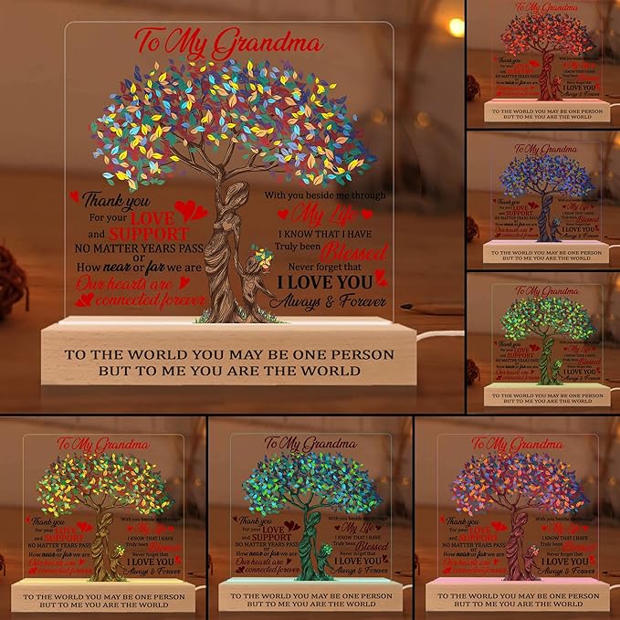 Grandma 3D Illusion Lamp Wooden Base USB Powered Acrylic Night Light, Grandma Gift from Grandson Granddaughter, to my Grandma 3D Lamp, Gifts for Grandma Grandmother Mom on Mothers Day - LeafyLoom