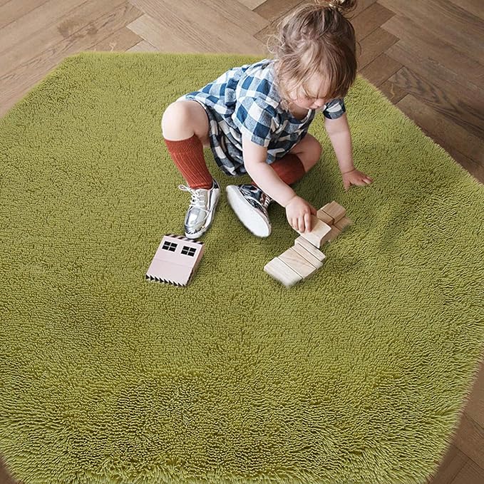 junovo Ultra Soft Rug for Nursery Children Room Baby Room Home Decor Dormitory Hexagon Carpet for Playhouse Princess Tent Kids Play Castle, Diameter 4.6 ft, Green - LeafyLoom