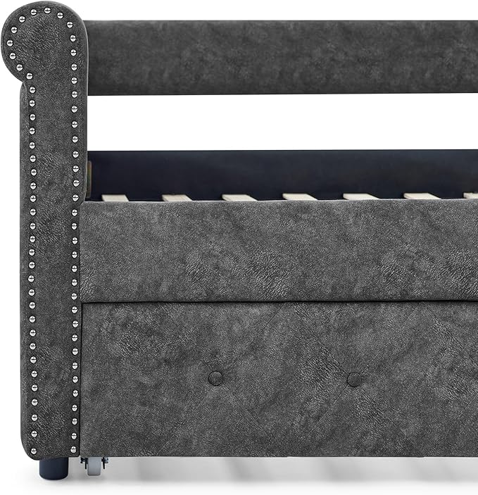 Full Size Upholstered Daybed with Twin Trundle, Solid Wooden Bed Frame w/Button Tufted and Copper Nail on Square Arms, No Spring Box Need, for Kids, Bedroom, Dorm, Grey-4 - LeafyLoom