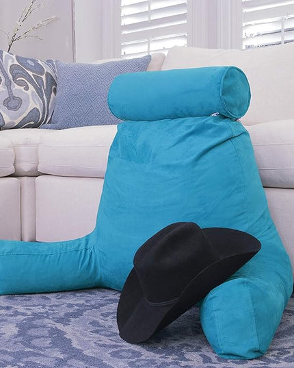 Husband Pillow XXL Aspen Edition - Adult Reading Sit Up Bed Rest Pillow for Bed with Arms & Neck Roll on Bungee Cord - Premium Memory Foam - Reversible 2 Sided Cover Micro Suede or Plush, Rodeo Blue - LeafyLoom