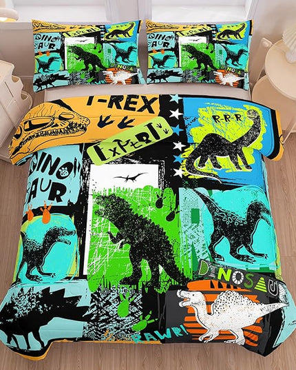 NINENINE Dinosaur Bedding Sets,Watercolor Dinosaur Comforter Set for boys kids,Full Size Comforter Sets for Kids,Colorful Plaid Bedding Set with 1 Comforter 2 Pillowcases… - LeafyLoom