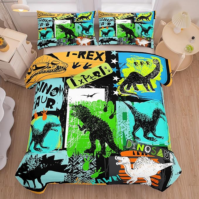 NINENINE Dinosaur Bedding Sets,Watercolor Dinosaur Comforter Set for boys kids,Full Size Comforter Sets for Kids,Colorful Plaid Bedding Set with 1 Comforter 2 Pillowcases… - LeafyLoom