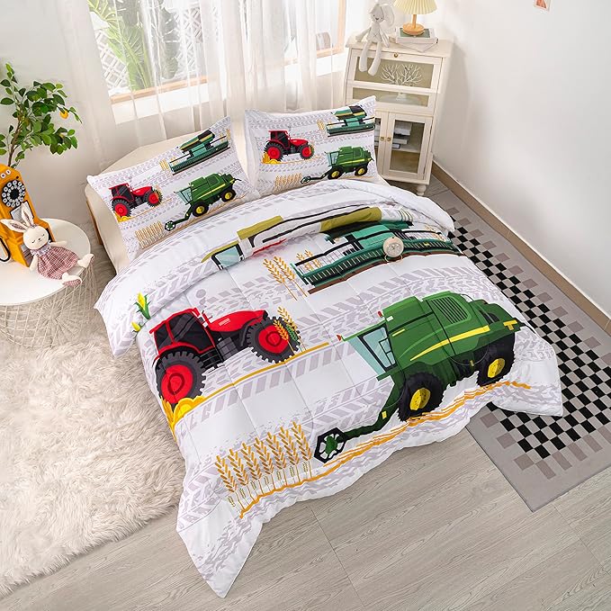 CVHOUSE Tractor Bedding Sets for Boys,Excavators Comforter Queen,Boys Cartoon Truck Comforter Set,Trucks Tractors Cars Quilt Set with 1 Comforter and 2 Pillow Cases- 3 Piece - LeafyLoom