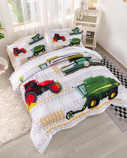 CVHOUSE Tractor Bedding Sets for Boys,Excavators Comforter King,Boys Cartoon Truck Comforter Set,Trucks Tractors Cars Quilt Set with 1 Comforter and 2 Pillow Cases- 3 Piece - LeafyLoom