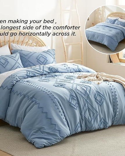 Bedsure Boho Comforter Set King - Mineral Blue Tufted Bedding Comforter Set, 3 Pieces Farmhouse Shabby Chic Embroidery Bedding Set, Soft Geometric Pattern Comforter for All Seasons - LeafyLoom