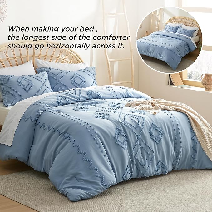 Bedsure Boho Comforter Set King - Mineral Blue Tufted Bedding Comforter Set, 3 Pieces Farmhouse Shabby Chic Embroidery Bedding Set, Soft Geometric Pattern Comforter for All Seasons - LeafyLoom