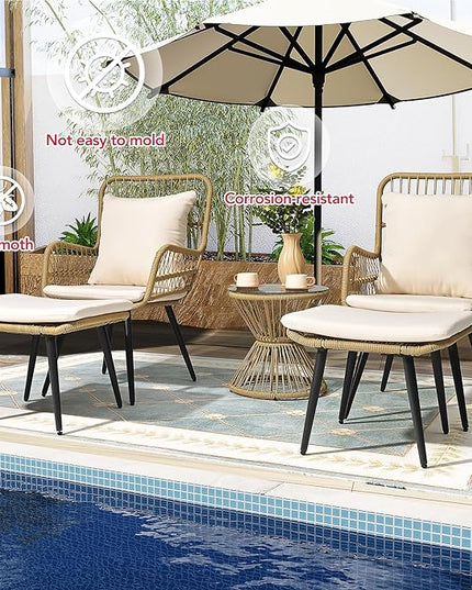 Pamapic Outdoor Patio Bistro Set with Ottoman 5 Piece Rattan Wicker Conversation Chair Sets Balcony Furniture Chairs for Yard Garden Porch Backyard Poolside, Beige - LeafyLoom