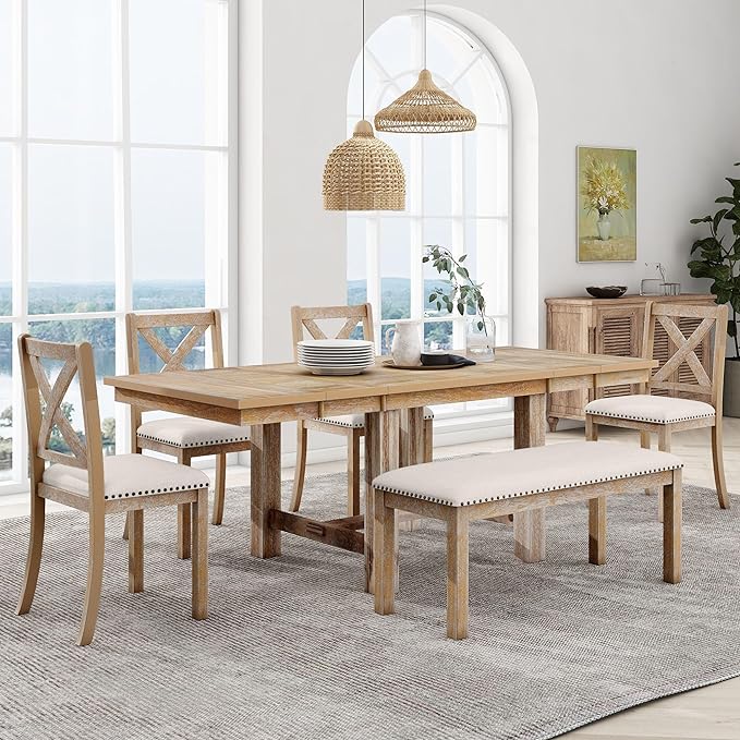 6-Piece Wood 82inch Extendable Dining Table Set with Two 11" Removable Leaves, 4 Upholstered Chairs and Bench, Farmhouse Style, Natural, 60"-82" L x 36" W x 30" H - LeafyLoom