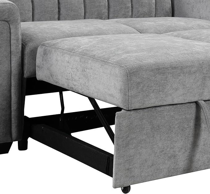 3 in 1 Oversized Convertible Loveseat Sleeper Sofa Bed,Contemporary Channel Tufted Love Seats Sofabed W/Pull Out Sleep Couch,Thicker Cushions and Padded Armrests for Living Room, 61", Grey-368 - LeafyLoom