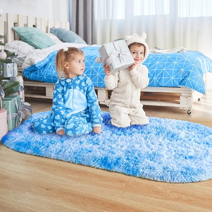 Noahas Oval Fluffy Blue Rainbow Rug 2.6X5.3 Small Kids Rugs for Bedroom Girls And Boys Aesthetic,Bedside Bedroom Rug,Ultra Soft Runner Carpet Modern Shaggy Nursery Area Rugs Home D飯r - LeafyLoom