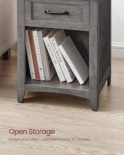 VASAGLE Farmhouse Nightstand with Charging Station, Bedside Table with Drawer, Open Compartment, Side Table with Storage, for Bedroom, Misty Gray ULET659G68 - LeafyLoom