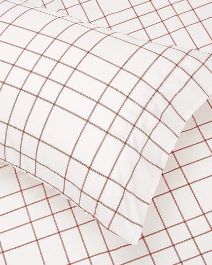 Amazon Basics Lightweight Microfiber Bed-in-a-Bag Comforter 7-Piece Bedding Set, Full/Queen, Red Simple Stripe, Plaid, Striped - LeafyLoom