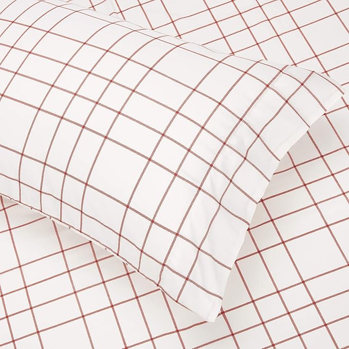 Amazon Basics Lightweight Microfiber Bed-in-a-Bag Comforter 7-Piece Bedding Set, Full/Queen, Red Simple Stripe, Plaid, Striped - LeafyLoom