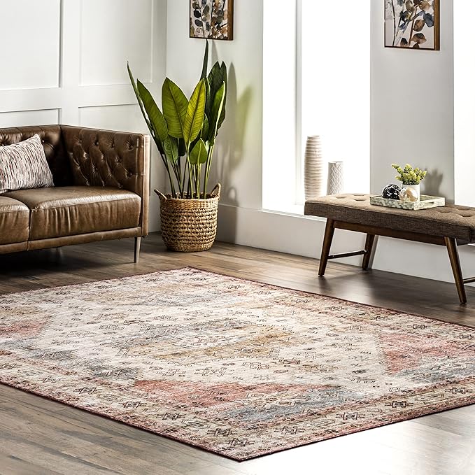 nuLOOM Emani Machine Washable Medallion Ultra Thin Area Rug, 4' x 6', Multi - LeafyLoom