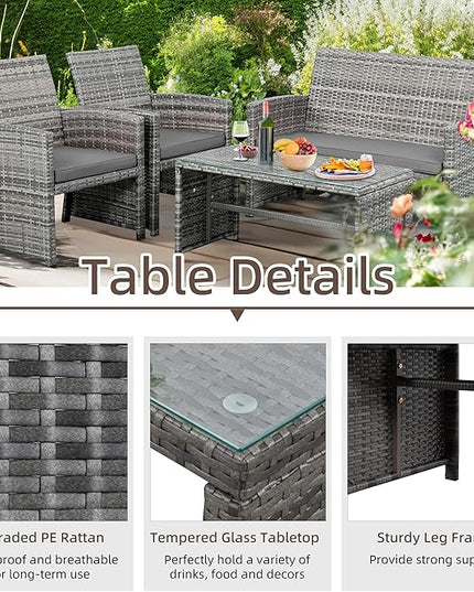 Shintenchi 4-Piece Outdoor Gray Wicker Patio Conversation Furniture Set, Rattan Patio Furniture Set with Weather Resistant Cushions and Tempered Glass Tabletop,Grey - LeafyLoom