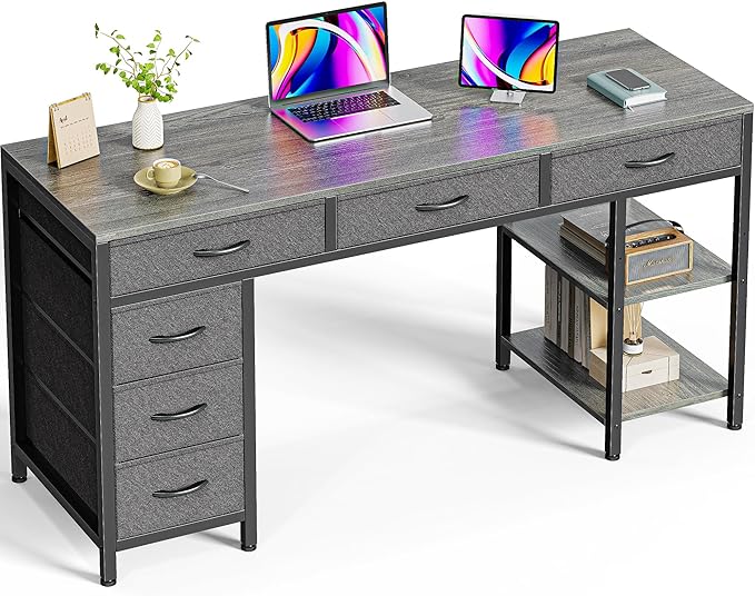 Computer Desk with 6 Drawers, 47 Inch Office Desk with Shelves, Reversible Gaming Desk, Corner Desk with Storage, Work Desk for Home Office, Study, Living Room, Gray - LeafyLoom