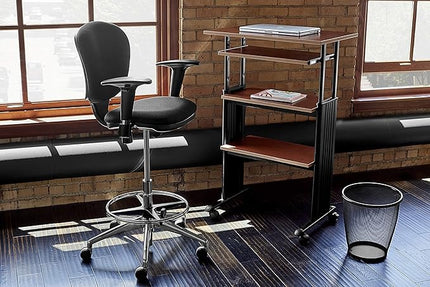 Safco Products 1929CY MUV Mobile Stand-Up Height-Adjustable Desk,Keyboard Storage, Steel Frame Construction, Durable Melamine Laminate Work Surface, 4 Wheels, Narrow Design - LeafyLoom
