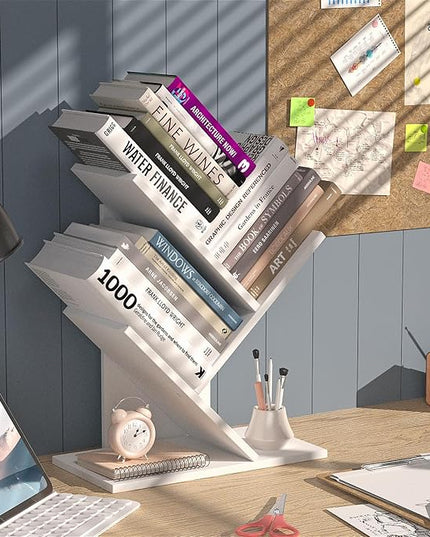 Tree Bookshelf, 3-Tier Book Storage Organizer Shelves Floor Standing Bookcase, Wood Storage Rack for Office Home School Shelf Display for Cd/Magazine（White） - LeafyLoom