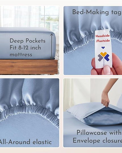California Design Den Soft 100% Cotton Sheets Twin Size Bed Sheet Sets with Deep Pockets and Sateen Weave for Dorm Rooms, College, Cooling Sheets (Blue) - LeafyLoom