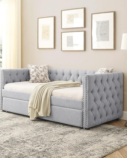 Linen Upholstered Twin Size Daybed with Twin Trundle, Wooden Sofa Bed Frame w/Button Tufted and Copper Nail on Square Arms, for Bedroom, Guest Room, No Spring Box Need, Grey - LeafyLoom