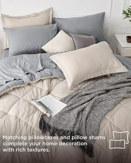 Bedsure Beige Twin Comforter Sets - 5 Pieces Reversible Twin Bedding Sets for College, Beige Extra Long Bed Set Twin with Comforters, Sheets, Pillowcase & Sham - LeafyLoom
