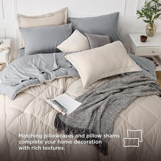 Bedsure Beige Twin Comforter Sets - 5 Pieces Reversible Twin Bedding Sets for College, Beige Extra Long Bed Set Twin with Comforters, Sheets, Pillowcase & Sham - LeafyLoom