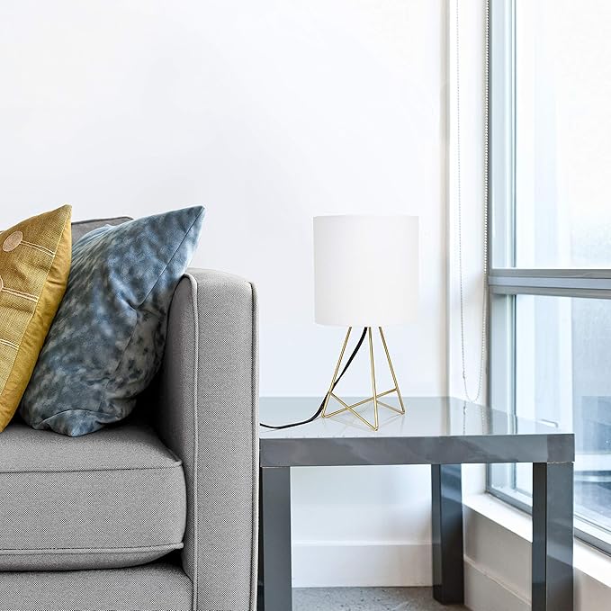 Simple Designs LT2066-GDW 13.5" Down to the Wire Metal Table Lamp with Fabric Shade, Gold with White Shade - LeafyLoom