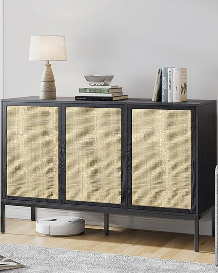 Brafab Rattan Cabinet Storage Sideboard Buffet Table Accent Console for Living Room Entryway Kitchen Dining Room 3 Doors Black - LeafyLoom