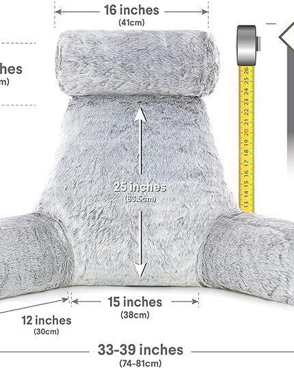 Husband Pillow XXL Rare Baby Arctic Grey Wolf Backrest, Two-Tone Reversible Double Sided Fabulous Faux Fur Reading & Bed Rest Pillow with Arms & Neck Roll, Adjustable Memory Foam - Extremely Comfy - LeafyLoom