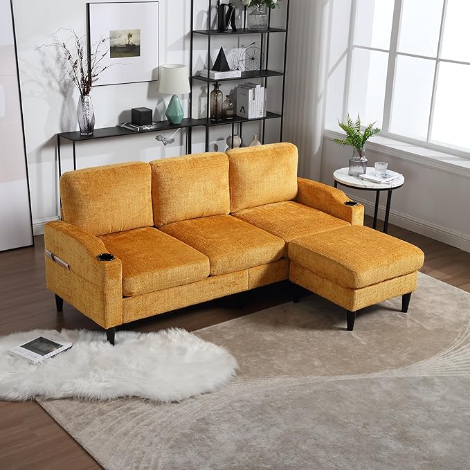 Convertible Sectional Sofa with Movable Storage Ottoman and Cupholders, 3 Seater L-Shaped Corner Couch,Chenille Upholstered Furniture w/Detachable Thicked Cushions for Living Room, Small Space - LeafyLoom