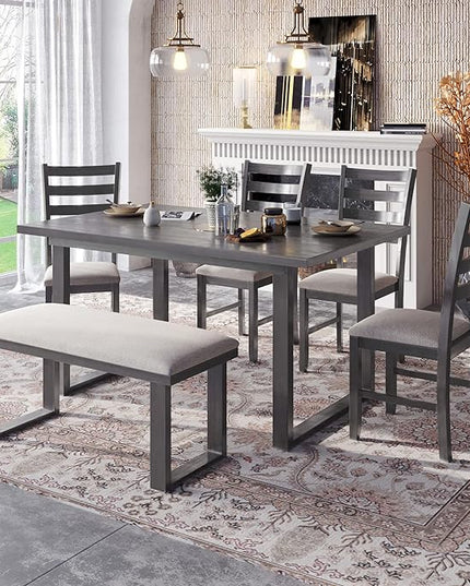 60" Dining Table Set for 6, Solid Wood Dining Room Table Set with Backrest, Kitchen Table Chairs Set of 6 for Living Room and Kitchen, Grey+Beige - LeafyLoom