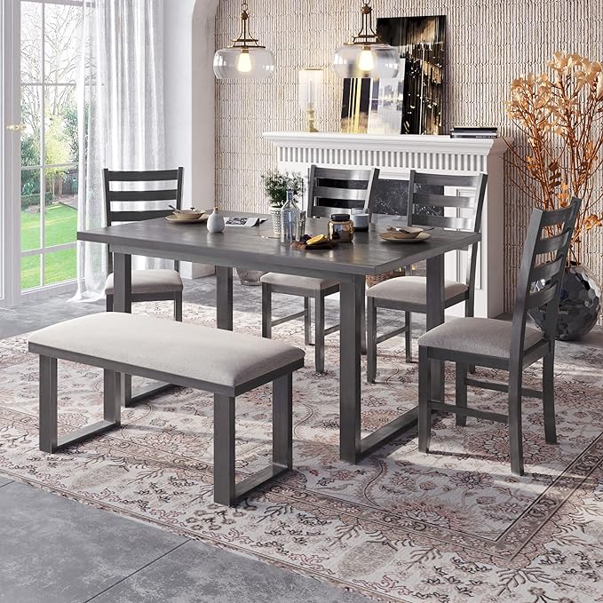 60" Dining Table Set for 6, Solid Wood Dining Room Table Set with Backrest, Kitchen Table Chairs Set of 6 for Living Room and Kitchen, Grey+Beige - LeafyLoom