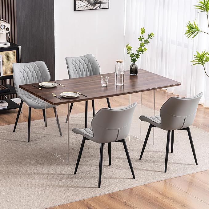 YOUNIKE Dining Chairs Set of 2, Upholstered Faux Leather Kitchen & Dining Room Chairs, Mid Century Modern Living Room Bedroom Side Chairs with Wide Wing Back and Adjustable Metal Legs, Grey - LeafyLoom