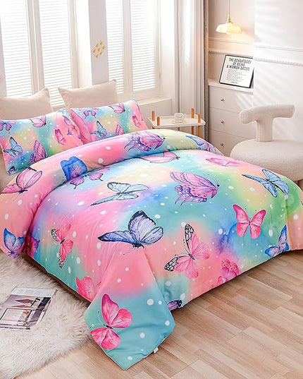 Btargot 3 Piece Butterfly Pattern Girls Comforter Set with 2 Pillow Covers, Gradient Line Rainbow Printed Bedding Set for Women, Full Multi Color - LeafyLoom