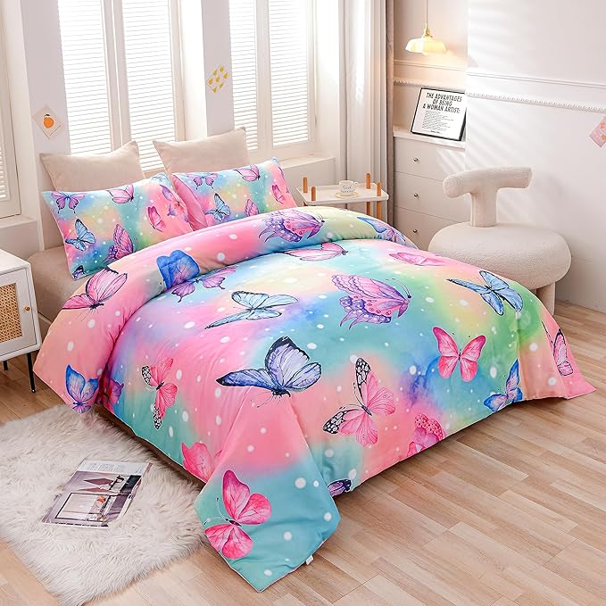 Btargot 3 Piece Butterfly Pattern Girls Comforter Set with 2 Pillow Covers, Gradient Line Rainbow Printed Bedding Set for Women, Full Multi Color - LeafyLoom