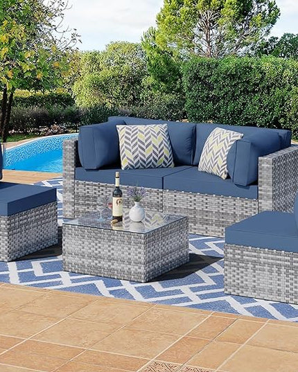Shintenchi 5 Pieces Outdoor Patio Sectional Sofa Couch, Silver Gray PE Wicker Furniture Conversation Sets with Washable Cushions & Glass Coffee Table for Garden, Poolside, Backyard (Aegean Blue) - LeafyLoom