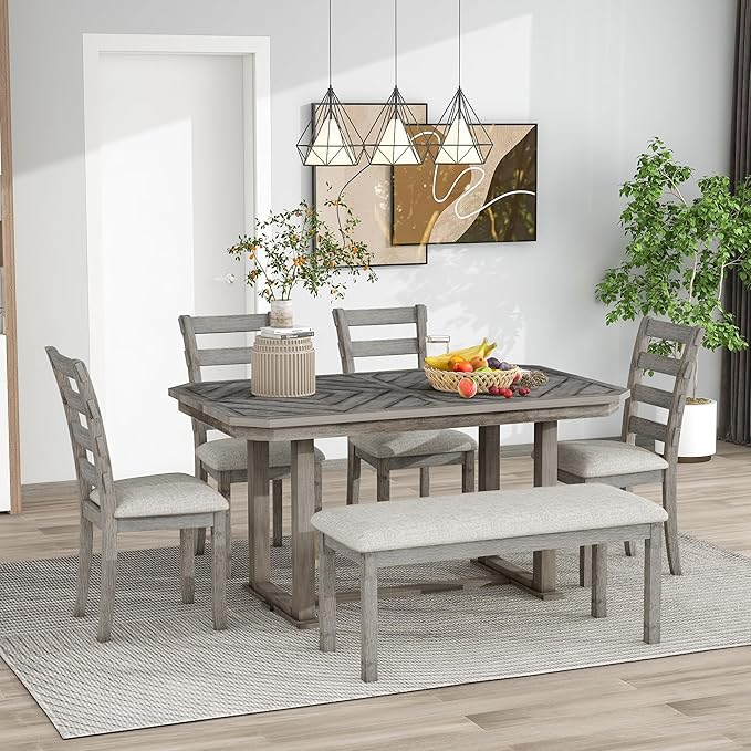 RITSU 6 Piece Family Dining Table Set with Beautiful Smooth Textured Veneer, Features 4 Burlap Upholstered Chairs and Bench for Living Room, Kitchen, Natural Wood Wash, 60inch - LeafyLoom