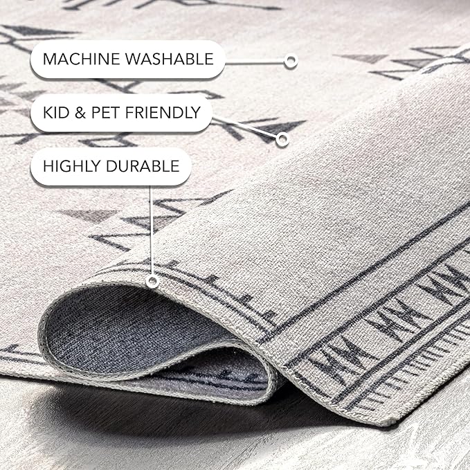 nuLOOM Evalyn Southwestern Machine Washable Ultra Thin Runner Rug, 2' 6" x 6', Cream - LeafyLoom