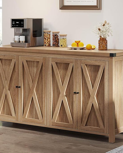 YITAHOME Farmhouse Sideboard Buffet Cabinet with Storage with 4 Doors, 55'' Large Kitchen Storage Cabinet, Wood Coffee Bar Cabinet with Adjustable Shelf for Kitchen, Living Room, Oak - LeafyLoom