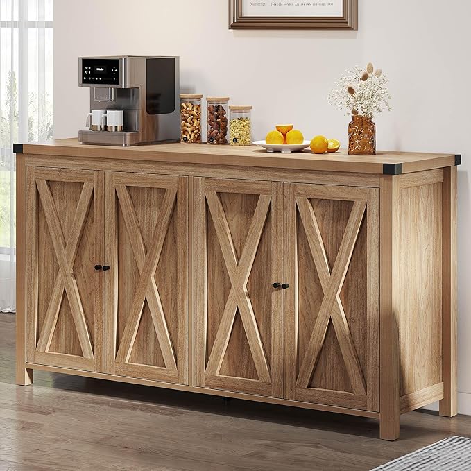 YITAHOME Farmhouse Sideboard Buffet Cabinet with Storage with 4 Doors, 55'' Large Kitchen Storage Cabinet, Wood Coffee Bar Cabinet with Adjustable Shelf for Kitchen, Living Room, Oak - LeafyLoom