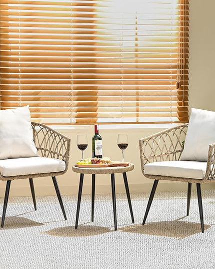 Heavy Duty 500lbs Weight Capacity Bistro Table and Chairs Set of 2 with Olefin Fabric Soft Cushions, Metal Wicker Armchairs Design - LeafyLoom