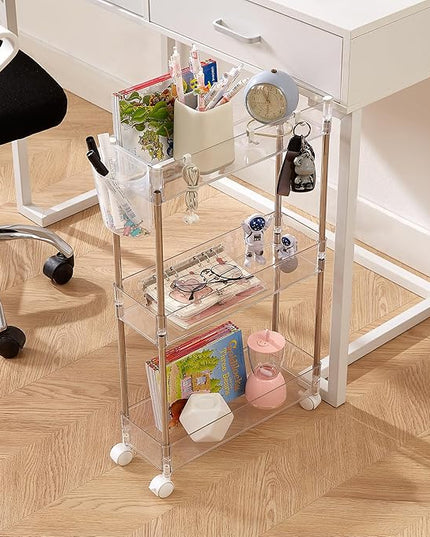 VECELO 3-Tier Clear Rolling Storage Cart,Acrylic Bathroom Utility Cart Kitchen Storage Organizers,Mobile Carts with 2 Lockable Wheels&Hooks for Livingroom Office Home,Clear - LeafyLoom