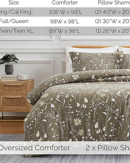 Southshore Fine Living, Inc. Twin Comforter Set, Down Alternative All-Season Floral Comforter with Matching Pillow Sham, Soft Microfiber Bedspread for Twin or Twin XL Bed, Secret Meadow Brown - LeafyLoom